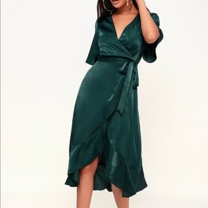 Wrapped Up In Love Dark Green Satin Wrap Midi